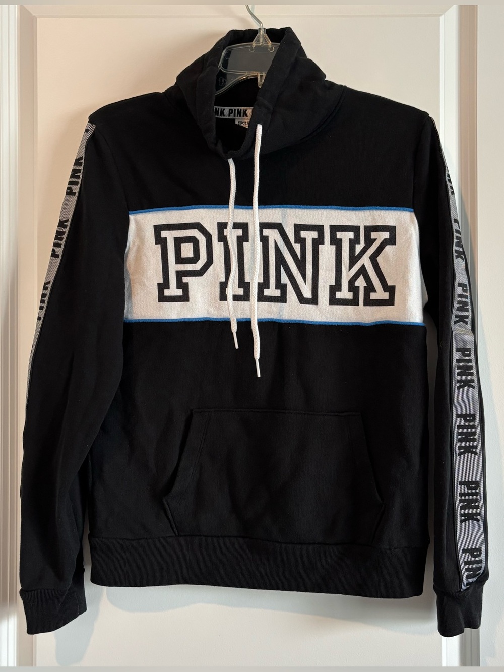 Victoria's Secret PINK Black Sweatshirt with White and Blue Accent